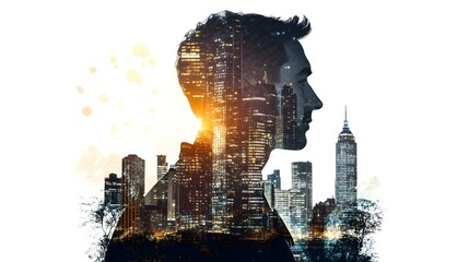 Silhouette of a Man Overlaid with a Vibrant Cityscape Depiction of Urban Life, Night Lights, and Modern Architecture Creating a Dreamlike Atmosphere