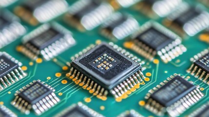 Obraz premium Close-up of a microchip array showcasing intricate circuitry on a green circuit board