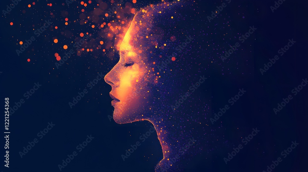 Poster ethereal woman with cosmic particles emanating from head, symbolizing creativity, imagination, and c