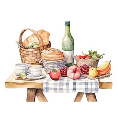 watercolors A rustic picnic setup with food and drinks illustration