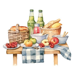 watercolors A rustic picnic setup with food and drinks illustration