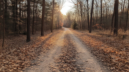 Naklejka premium A pathway in the woods covered in golden and red leaves, with sunlight streaming through the trees.