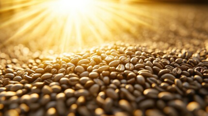 Obraz premium Close-up of glistening coffee beans illuminated by sunlight on a textured surface