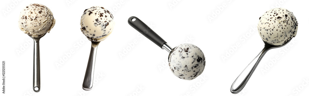 Poster three scoops of cookies and cream ice cream are shown on spoons alongside an ice cream scoop.