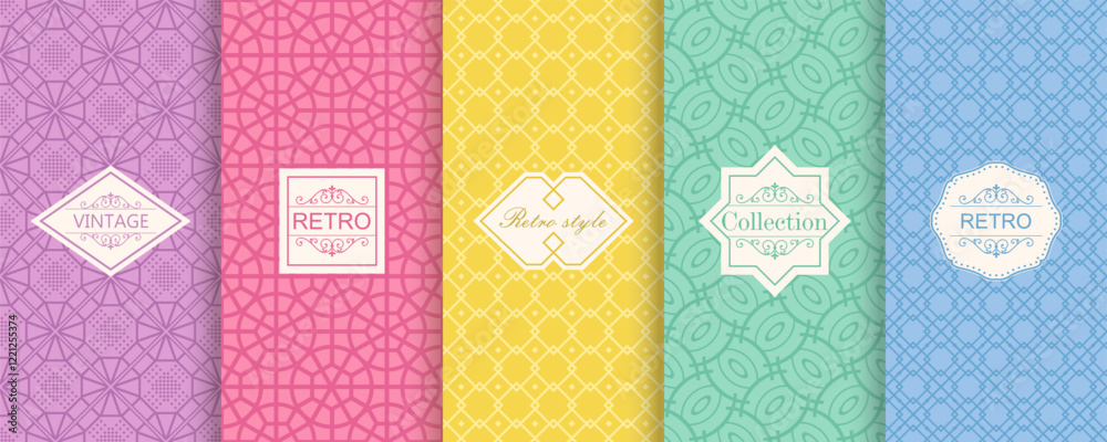 Poster Set of Cute geometric seamless patterns on vibrant background with minimal labels, frames. Abstract  vector textures.Vintage  Design for print, vaucher, decor, package, banner