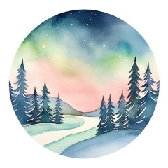 watercolors A stunning aurora borealis over a snow illustration