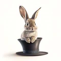 Cute rabbit popping out of a magician's hat on white background