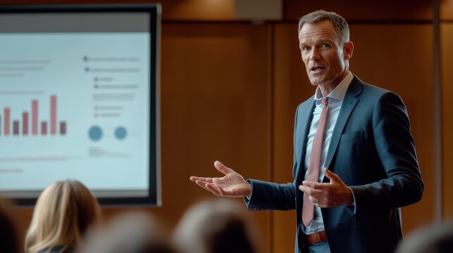 Businessman presenting with a microphone and projector in a conference room, explaining diagrams and charts to the audience