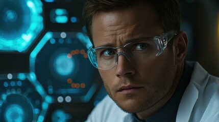 Portrait of an engineer leading a project on innovative renewable technology solutions with data projections and futuristic tools in a collaborative workspace
