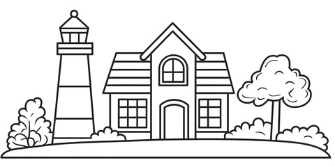 Black and White Line Drawing of Coastal Lighthouse and Scenic Landscape