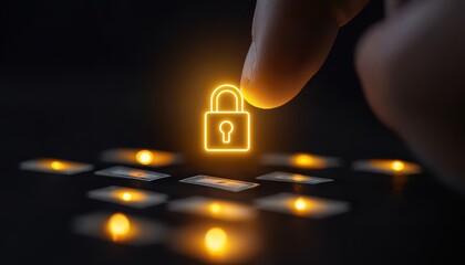 A hand pressing a glowing padlock icon on a digital panel, symbolizing security and protection in technology.