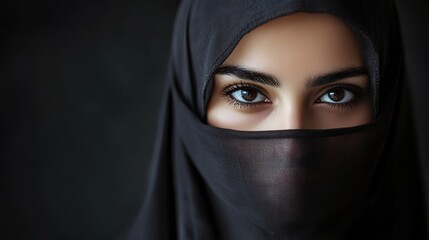 Naklejka premium beautiful Muslim woman covered her face in b hijab. focus on the eyes