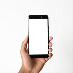 Hand Holding Black Smartphone with Blank White Screen on Plain White Background – Minimalist Tech Concept