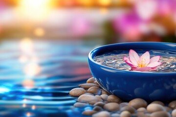 Relaxation techniques for a peaceful mind in a tranquil minimalist space with a gentle fountain and soothing pebbles for mindful breathing
