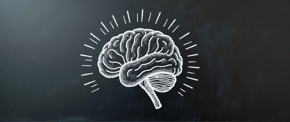 healthy food for brain function, improving memory and mental health. A simple flat drawing of a brain with chalk on a blackboard 