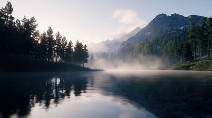 Fototapeta premium A serene mountain lake with mist rising from the water’s surface, surrounded by towering trees and distant peaks, the soft light of dawn reflecting off the still water
