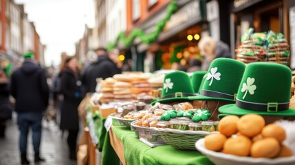 St. patrick's day market celebration with traditional green hats and irish treats