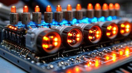 A skilled electrician working on advanced electrical systems with innovative tools and glowing data interfaces in a high-tech industrial setting