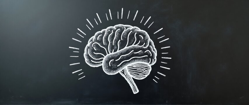 healthy food for brain function, improving memory and mental health. A simple flat drawing of a brain with chalk on a blackboard 