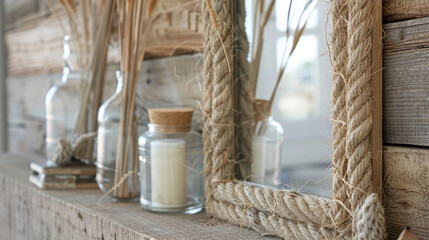 Rustic Wooden Shelf with Rope-Framed Mirrors and Glass Bottles in Cozy Interior Decor Setting
