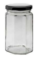 Empty hexagonal shaped glass jar with black cap isolated