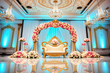 Luxurious Wedding Venue Decor with Floral Arch and Seating