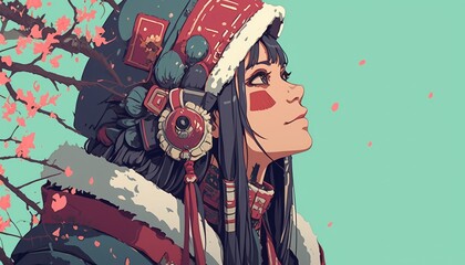 Anime Girl Winter Fashion Cherry Blossoms