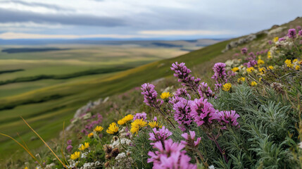 A field of wildflowers in full bloom, with vibrant colors of purple, yellow, and pink against a soft green meadow.
