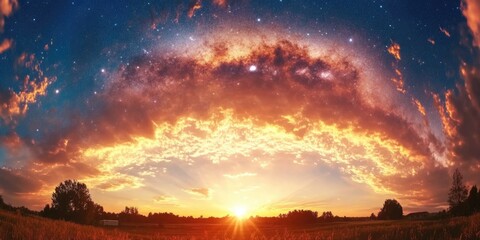 Obraz premium Stunning sunset with glowing clouds and starry sky over tranquil landscape