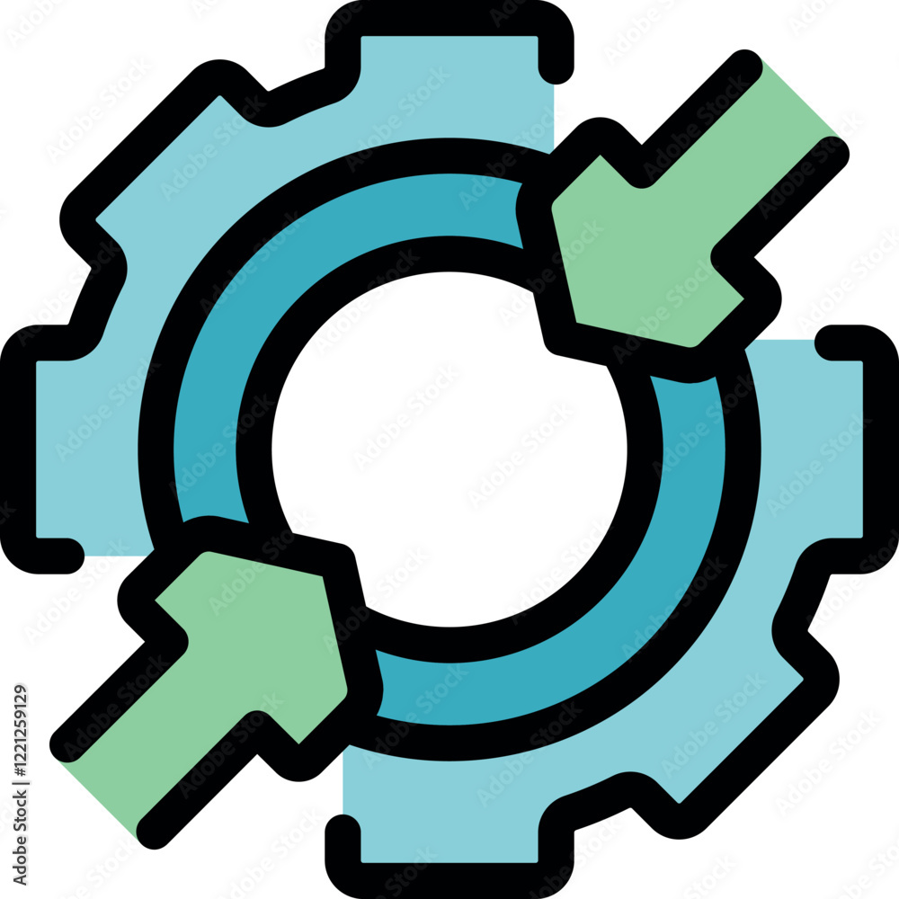 Poster integration system working smoothly, represented by two arrows pointing to the center of a gear whee