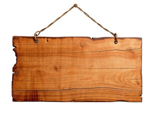 Empty wooden sign hanging on a white wall with string