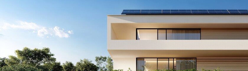 A modern home with solar panels, featuring large windows and a sleek design, set against a clear blue sky and lush greenery.