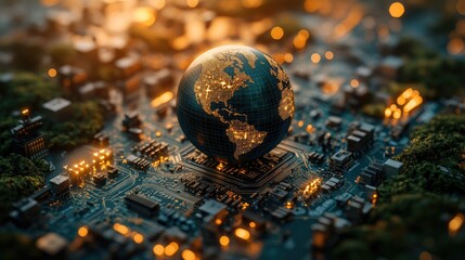 A 3D globe representing Earth is positioned on a blue and gold circuit board,