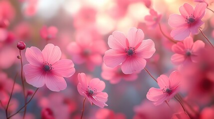 Obraz premium pink flower sway in wind with gentle sunlight, spring nature background