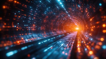 Fototapeta premium A futuristic tunnel made of dark blocks converging towards a bright golden light at the center.