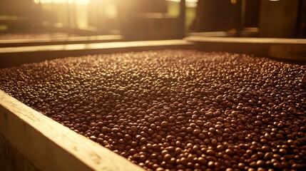 Fototapeta premium Close-up of coffee beans drying in sunlight at a processing facility, with equipment in background