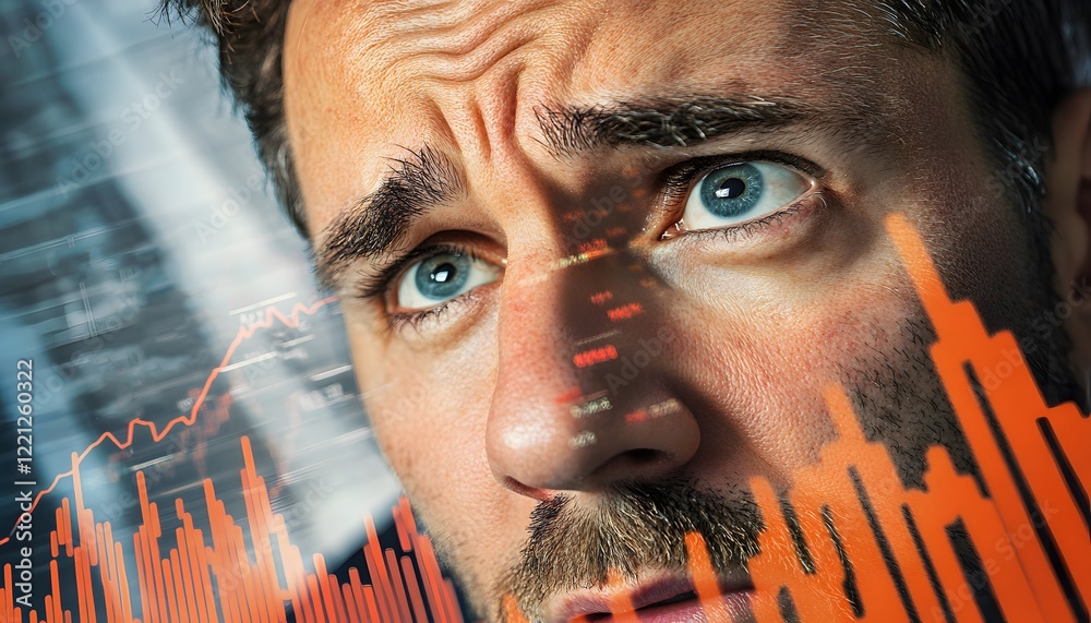 Poster intense focus on financial trends: man analyzing data and market graphs with concerned expression, c