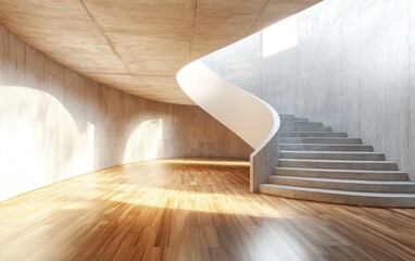 Modern concrete spiral staircase in a spacious room with wooden floor and sunlight.
