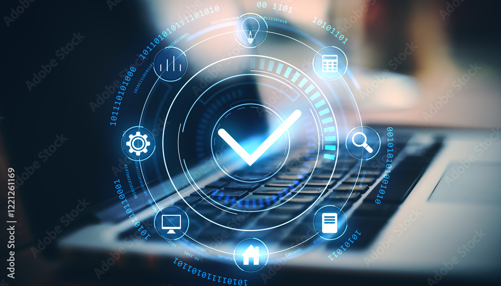 Poster holographic checkmark and interface icons with glowing blue details on laptop keyboard.