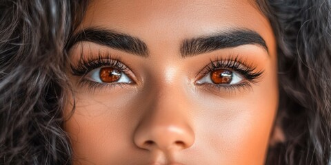 Close-up of young hispanic female with curly hair and brown eyes