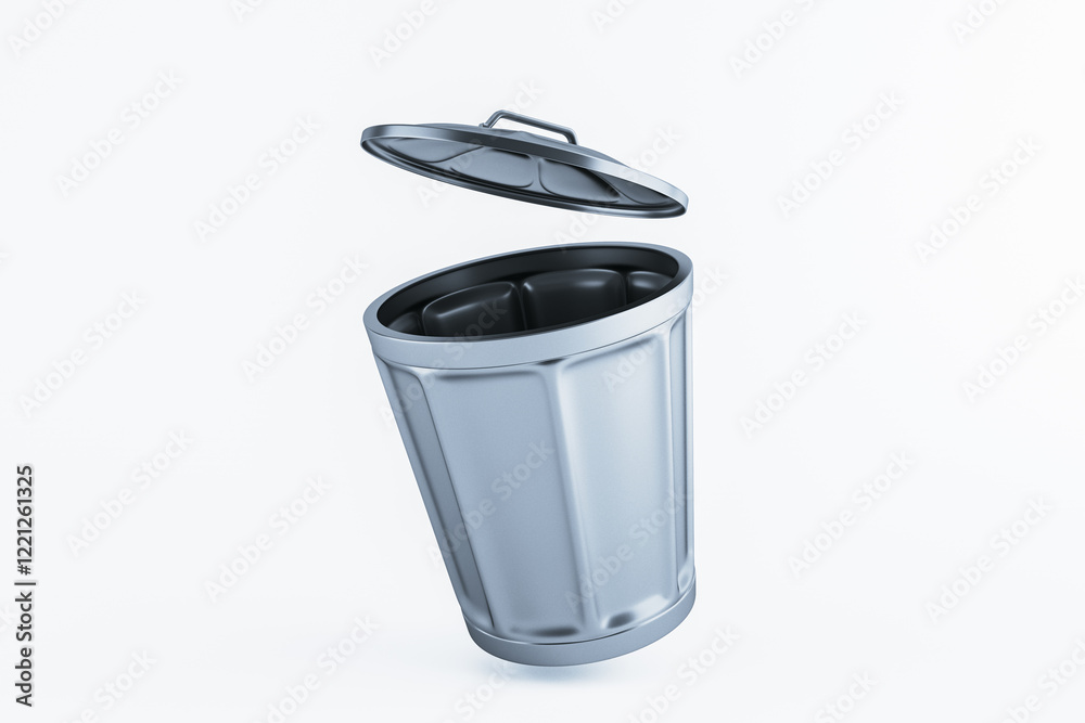 Aufkleber Open metallic trash can with lid on a light background. 3D Rendering