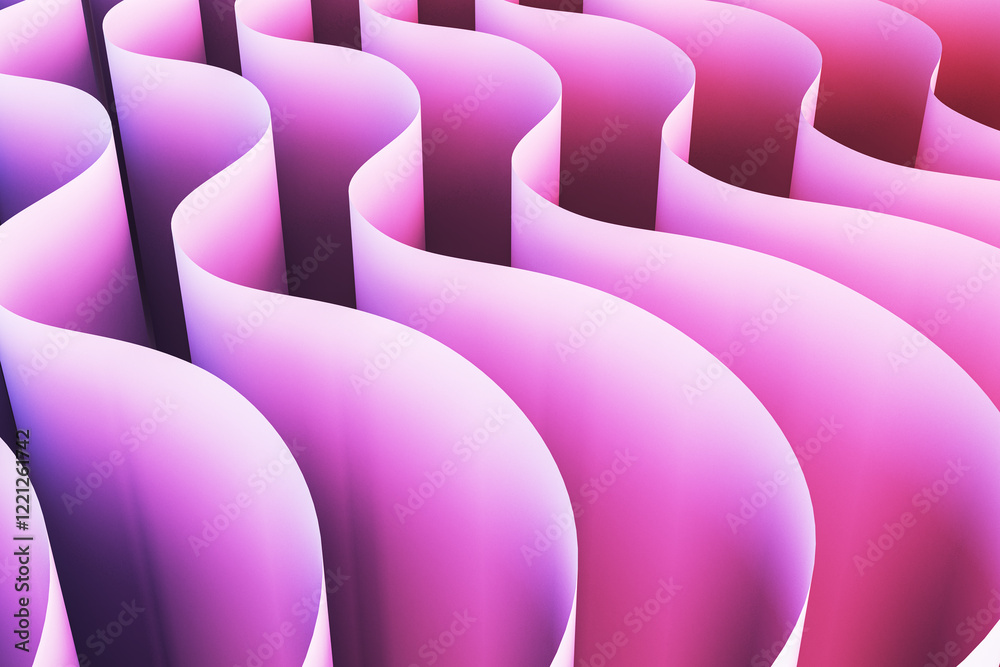 Poster Abstract pink and purple wave-like shapes with gradient lighting. 3D Rendering