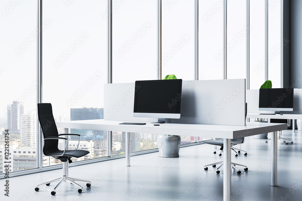 Poster modern corporate office interior with minimalist desks, chairs, and computers overlooking a cityscap