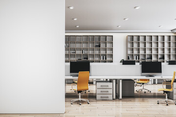 Modern open office interior with desks, chairs, and shelving units. 3D Rendering