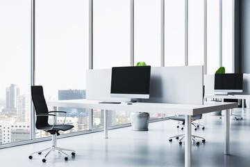 Modern corporate office interior with minimalist desks, chairs, and computers overlooking a cityscape through large windows. 3D Rendering