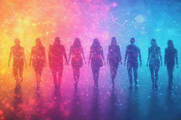 Obraz premium Silhouettes of people walking in a network representing connectivity and community interaction in urban environment