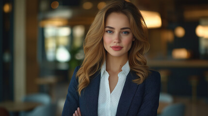 Obraz premium A confident businesswoman in a navy blue suit and a white blouse with subtle polka dots, standing against a blurred coworking space with modern furniture