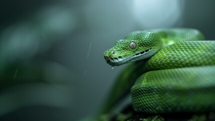 Fototapeta premium Green Tree Python in Rainforest: A striking green tree python coiled on a mossy branch, blending perfectly into its surroundings. Reptile. Wildlife. Snakes.