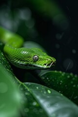 Fototapeta premium Green Tree Python in Rainforest: A striking green tree python coiled on a mossy branch, blending perfectly into its surroundings. Reptile. Wildlife. Snakes.
