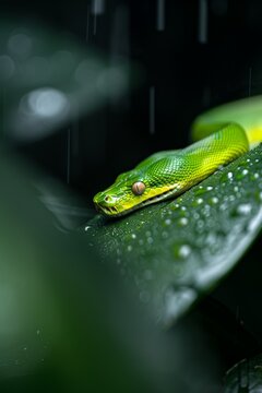 Green Tree Python in Rainforest: A striking green tree python coiled on a mossy branch, blending perfectly into its surroundings. Reptile. Wildlife. Snakes.